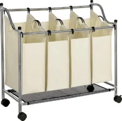 SONGMICS Wäschekorb Mit 4 Fächern Beige 140 L Faltbar Eisengetsell 4 ×35 L Wäschesortierer Wäschebox Wäschewagen Wäschesammler Aus Polyester LSF005S