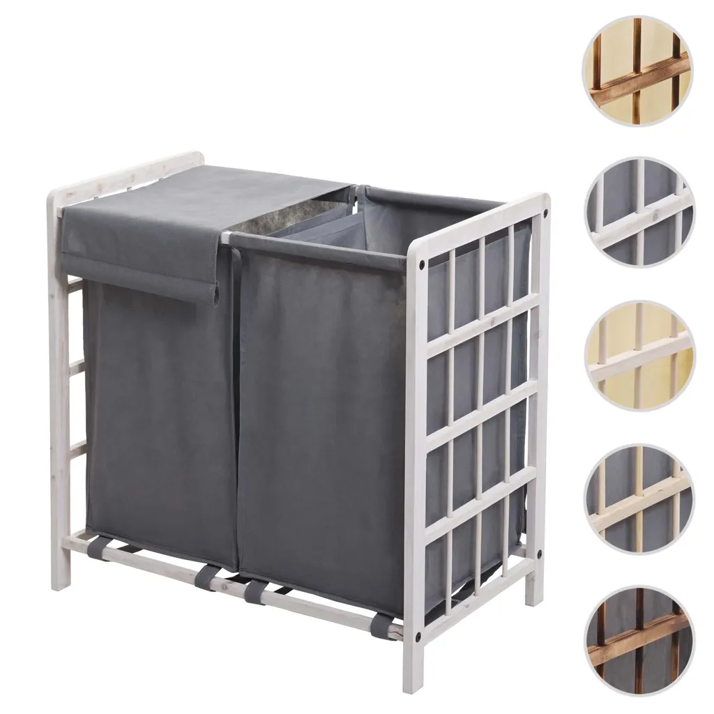Wäschesammler MCW-B60, Laundry Wäschebox Wäschekorb, Massiv-Holz 2 Fächer 60x60x33cm 68l Shabby Weiß, Bezug Grau 7 Wäschesammler MCW-B60, Laundry Wäschebox Wäschekorb, Massiv-Holz 2 Fächer 60x60x33cm 68l Shabby Weiß, Bezug Grau – Bild 7