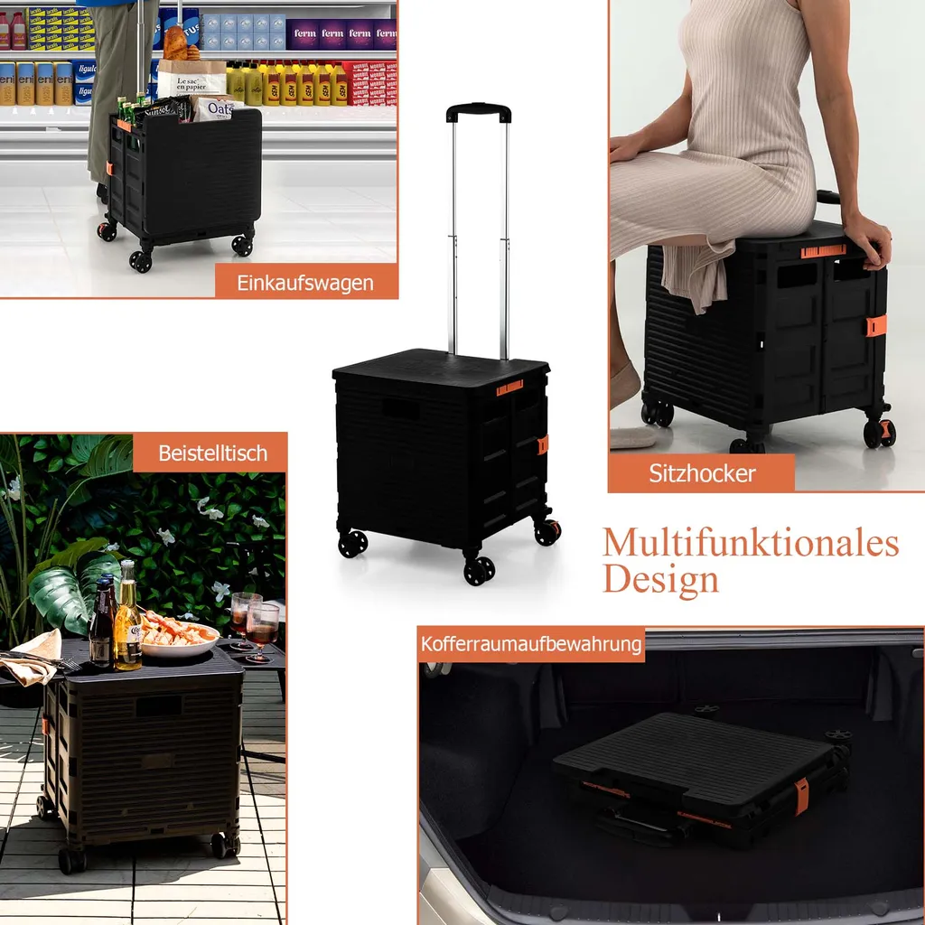 COSTWAY 55L Einkaufstrolley 80kg Belastbar, Klappbarer Einkaufswagen Mit 3-fach Verstellbarem Griff, 2 Bremsbaren Universalrädern & Erweiterbarer Obere Abdeckung, Handwagen Tragbar, Schwarz 3 COSTWAY 55L Einkaufstrolley 80kg Belastbar, Klappbarer Einkaufswagen Mit 3-fach Verstellbarem Griff, 2 Bremsbaren Universalrädern & Erweiterbarer Obere Abdeckung, Handwagen Tragbar, Schwarz – Bild 3