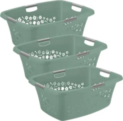 ROTHO 3er Set Wäschekorb 50l FLOWERS, Farbe:Mistletoe Grün
