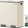 SONGMICS Mülleimer, 2 X 30 L, 2 Fächer, Mülltrennsystem, Treteimer, Abfalleimer Küche, 15 Müllsäcke, Aus Metall, Inneneimer Aus Kunststoff, Klappdeckel, Softclose, Luftdicht, Cremeweiß LTB060A01