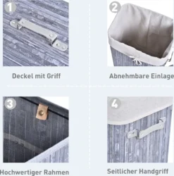 HOMCOM Wäschekorb, Wäschebox, Wäschesammler Mit Deckel, Segeltuchsack, Waschbarem Wäschesack, Mit Griffen, Bambus , Faltbar, 72L, Grau, 40 X 30 X 60 Cm -Leifheit || Vileda || Wenko Verkaufsgeschäft 106b317897b5e4306cdf3c9637745937