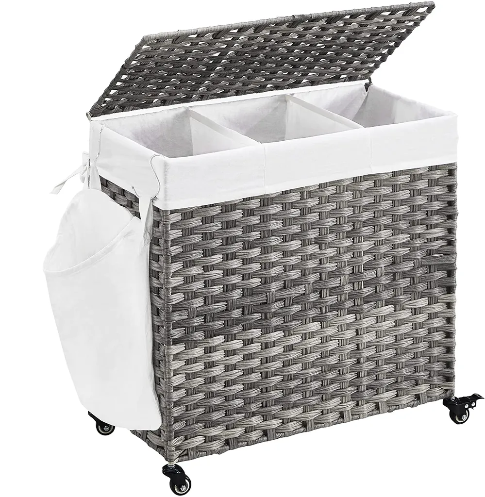 SONGMICS Wäschekorb, Handgeflochten, Wäschesammler, 140 L, Aus Polyrattan, Mit 3 Fächern, Herausnehmbare Tasche, Deckel, Griffe, Für Wohnzimmer, Badezimmer, 66 X 33 X 60 Cm, Grau LCB363G01 1 SONGMICS Wäschekorb, Handgeflochten, Wäschesammler, 140 L, Aus Polyrattan, Mit 3 Fächern, Herausnehmbare Tasche, Deckel, Griffe, Für Wohnzimmer, Badezimmer, 66 X 33 X 60 Cm, Grau LCB363G01
