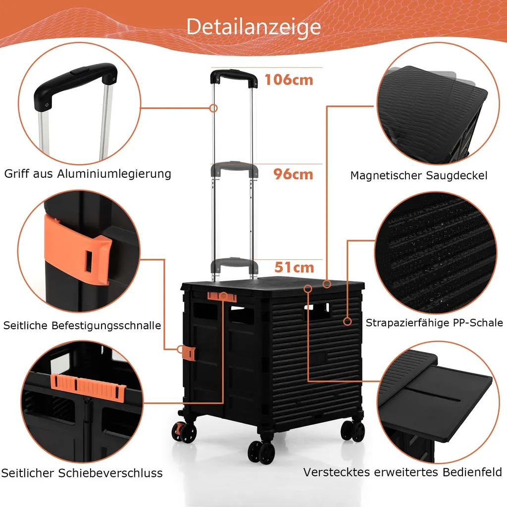 COSTWAY 55L Einkaufstrolley 80kg Belastbar, Klappbarer Einkaufswagen Mit 3-fach Verstellbarem Griff, 2 Bremsbaren Universalrädern & Erweiterbarer Obere Abdeckung, Handwagen Tragbar, Schwarz 6 COSTWAY 55L Einkaufstrolley 80kg Belastbar, Klappbarer Einkaufswagen Mit 3-fach Verstellbarem Griff, 2 Bremsbaren Universalrädern & Erweiterbarer Obere Abdeckung, Handwagen Tragbar, Schwarz – Bild 6