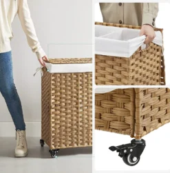 SONGMICS Wäschekorb, Handgeflochten, Wäschesammler, 140 L, Aus Polyrattan, Mit 3 Fächern, Herausnehmbare Tasche, Deckel, Griffe, Für Wohnzimmer, Badezimmer, 66 X 33 X 60 Cm, Naturfarben LCB363N01 -Leifheit || Vileda || Wenko Verkaufsgeschäft 128363e76e7a98d0d19e08041f0ce8f0