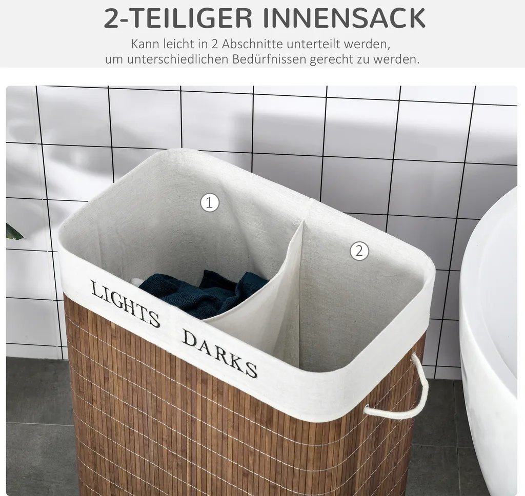 HOMCOM 100L Wäschekorb Wäschebox Wäschesammler Mit 3 Griffe Mit Waschbarem Wäschesack Abnehmbar Bambus Polyester Baumwolle Metall Braun+Weiß 52 X 32 X 63 Cm 6 HOMCOM 100L Wäschekorb Wäschebox Wäschesammler Mit 3 Griffe Mit Waschbarem Wäschesack Abnehmbar Bambus Polyester Baumwolle Metall Braun+Weiß 52 X 32 X 63 Cm – Bild 6