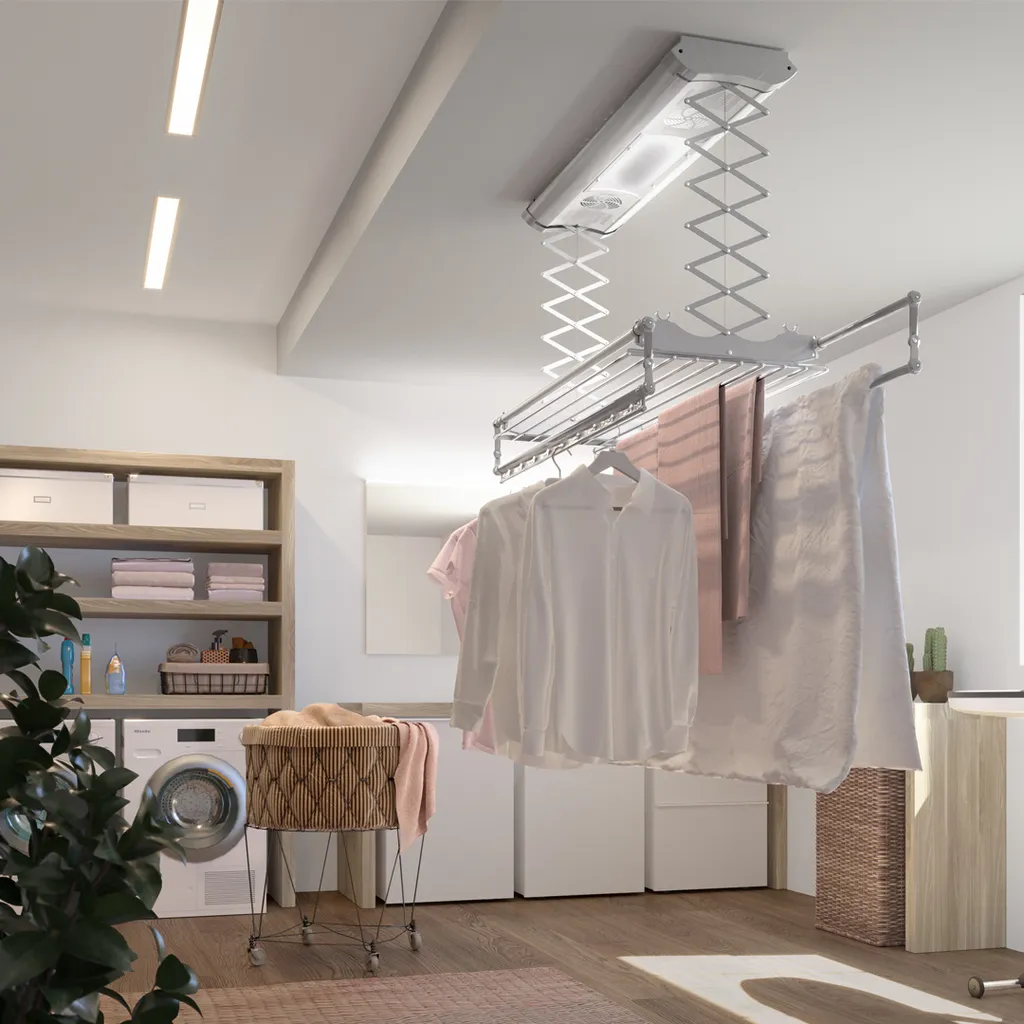 Decke Wäscheständer, Elektrischer Wäschetrocknen Für Decke Mit Ventilator, Aus Aluminium Und Stahl, Foxydry Air 120 4 Decke Wäscheständer, Elektrischer Wäschetrocknen Für Decke Mit Ventilator, Aus Aluminium Und Stahl, Foxydry Air 120 – Bild 4