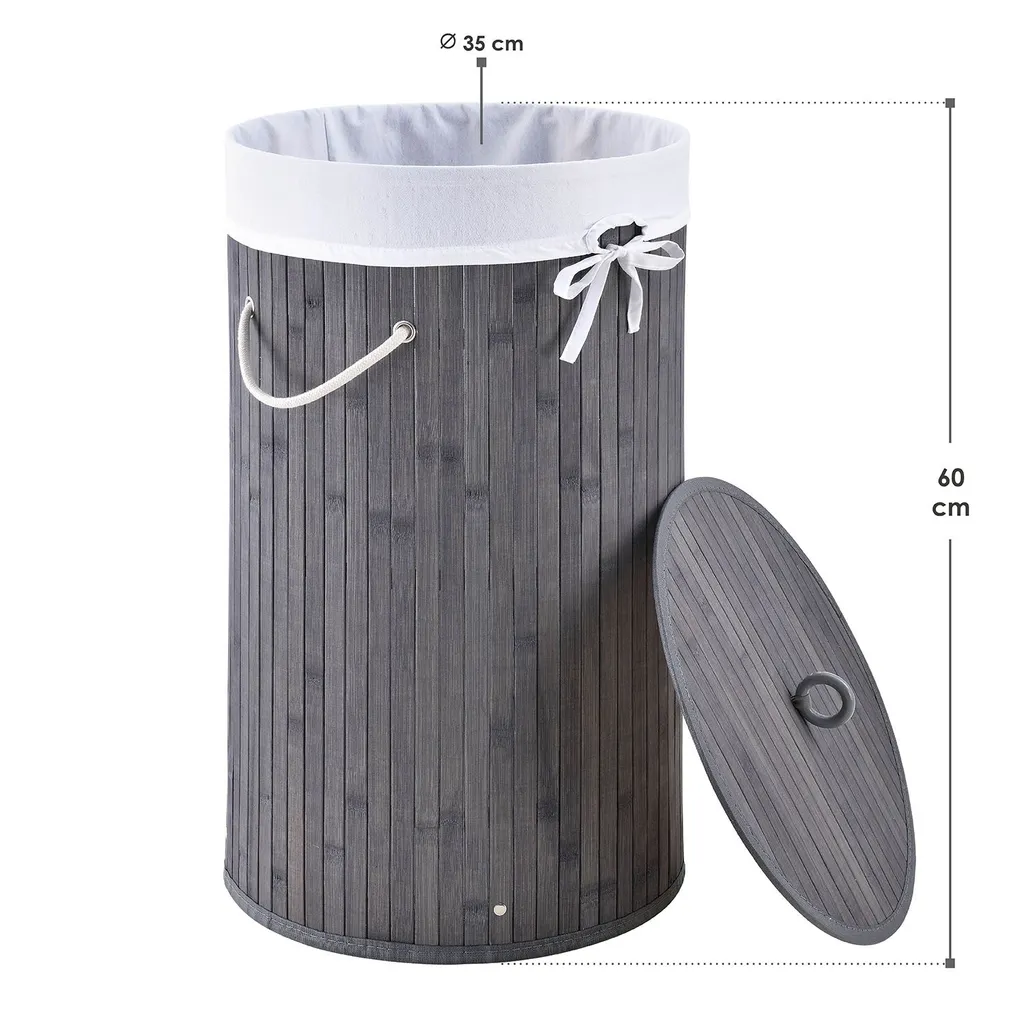 Juskys Bambus Wäschekorb Curly-Round – 55 Liter Volumen – Wäschesammler Mit Deckel, Tragegriffen & Stoff Wäschesack – 1 Fach Wäschebox – In Grau 12 Juskys Bambus Wäschekorb Curly-Round – 55 Liter Volumen – Wäschesammler Mit Deckel, Tragegriffen & Stoff Wäschesack – 1 Fach Wäschebox – In Grau – Bild 12