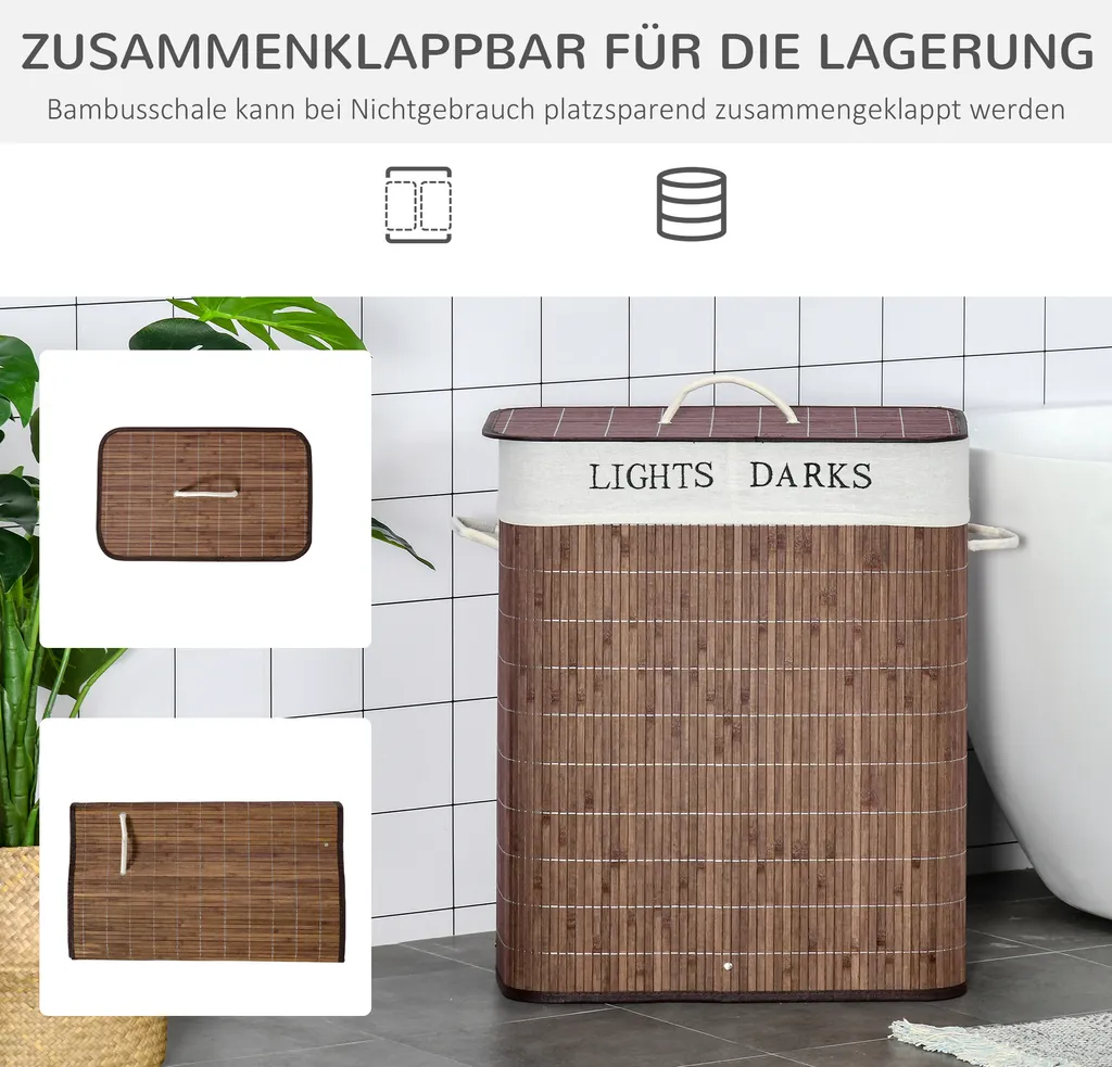 HOMCOM 100L Wäschekorb Wäschebox Wäschesammler Mit 3 Griffe Mit Waschbarem Wäschesack Abnehmbar Bambus Polyester Baumwolle Metall Braun+Weiß 52 X 32 X 63 Cm 5 HOMCOM 100L Wäschekorb Wäschebox Wäschesammler Mit 3 Griffe Mit Waschbarem Wäschesack Abnehmbar Bambus Polyester Baumwolle Metall Braun+Weiß 52 X 32 X 63 Cm – Bild 5