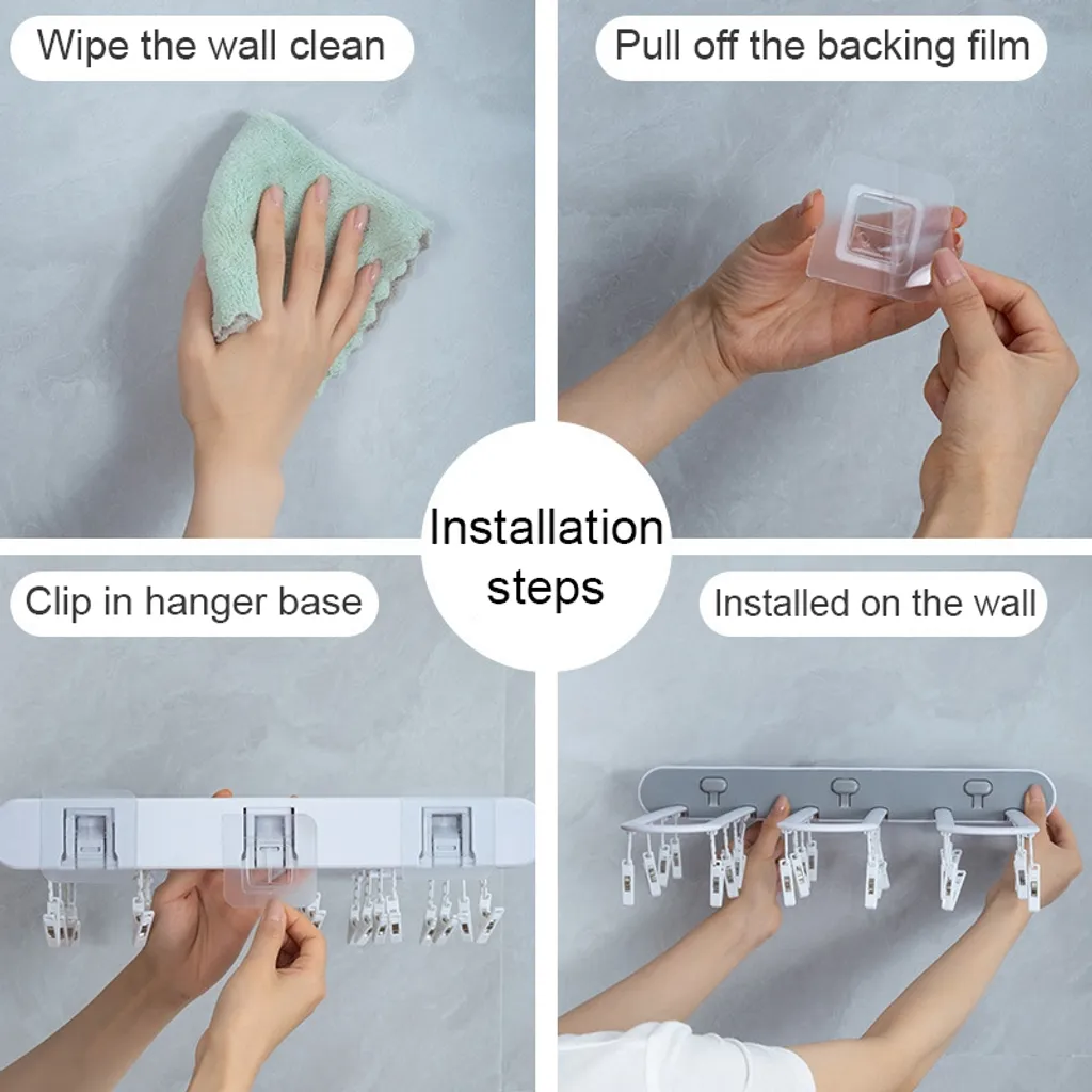 Wandmontiertes Falten Wäscheständer,Hängewäschetrockner,Mit 24 Clips,Kein Stanzen,Balkon Badezimmer Wäscheständer Schwarz 2 Wandmontiertes Falten Wäscheständer,Hängewäschetrockner,Mit 24 Clips,Kein Stanzen,Balkon Badezimmer Wäscheständer Schwarz – Bild 2