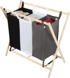 Jago® Wäschesortierer - Faltbar, 3 Fächer Aus Stoff, Aus Holz, Dreifarbig, Ca. 128 L Volumen, Größe (L/B/H): 75/40/72 Cm - Wäschekorb, Wäschebox, Wäschesammler