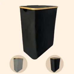 WAOHO Faltbarer Wäschekorb Mit Deckel 125L Mit 2 Fächern 54cmx33cmx70cm，Herausnehmbarem Wäschesack,faltbarem Bambusrahmen-Wäschesortierer Und Wasserdichtem Oxford-Tuch （Schwarz）