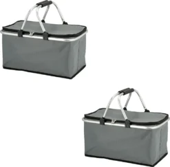 Novaliv 2x Einkaufskorb Faltbar Mit Kühlfunktion 30 Liter GRAU Isolierkorb Mit Gepolsterten Tragegriffen Und Reißverschluss Am Deckel Tragekorb