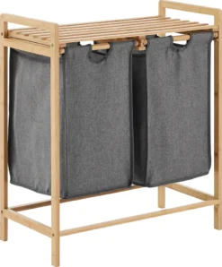 ACAZA Wäschekorb Mit 2 Fächern, Wäschesortierer Mit Ausziehbaren Wäschesäcken - Stoff / Bambus - Grau