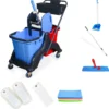 Hypafol Putzwagen Mit Korb | Reinigungswagen Set, 2 X 25 L Eimer Mit Presse Und Kehrgarnitur Inkl. 2x 50cm Baumwoll Wischmopp, 1x Mikrofaser-Mopp | Je 4 Mikrofasertücher | Für Gebäudereinigung, Hotelservice, Gastronomie, Großküche