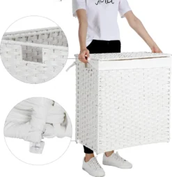 SONGMICS Wäschekorb Handgeflochten, 110L Wäschesammler Aus Synthetischem Rattan, Mit Deckel Und Griffen, Wäschesortierer, Faltbar, Wäschesack Herausnehmbar, Weiß LCB52WT -Leifheit || Vileda || Wenko Verkaufsgeschäft 2ee1e57a11e714ff564186e3beb74f2b