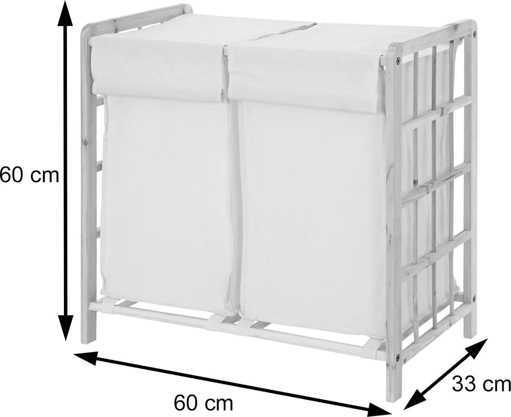 Wäschesammler MCW-B60, Laundry Wäschebox Wäschekorb, Massiv-Holz 2 Fächer 60x60x33cm 68l Shabby Weiß, Bezug Grau 2 Wäschesammler MCW-B60, Laundry Wäschebox Wäschekorb, Massiv-Holz 2 Fächer 60x60x33cm 68l Shabby Weiß, Bezug Grau – Bild 2