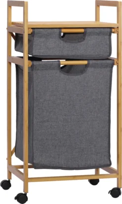 HOMCOM Wäschekorb Wäschebox Mit 2 Stoffbeutel Wäschesack Wäschesammler Mit Rollen Aufbewahrungskorb Bambus Naturholz+Grau 42 X 35 X 84,5 Cm