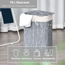 HOMCOM Wäschekorb, Wäschebox, Wäschesammler Mit Deckel, Segeltuchsack, Waschbarem Wäschesack, Mit Griffen, Bambus , Faltbar, 72L, Grau, 40 X 30 X 60 Cm -Leifheit || Vileda || Wenko Verkaufsgeschäft 350167a712e0dd08645065cde9162b0b
