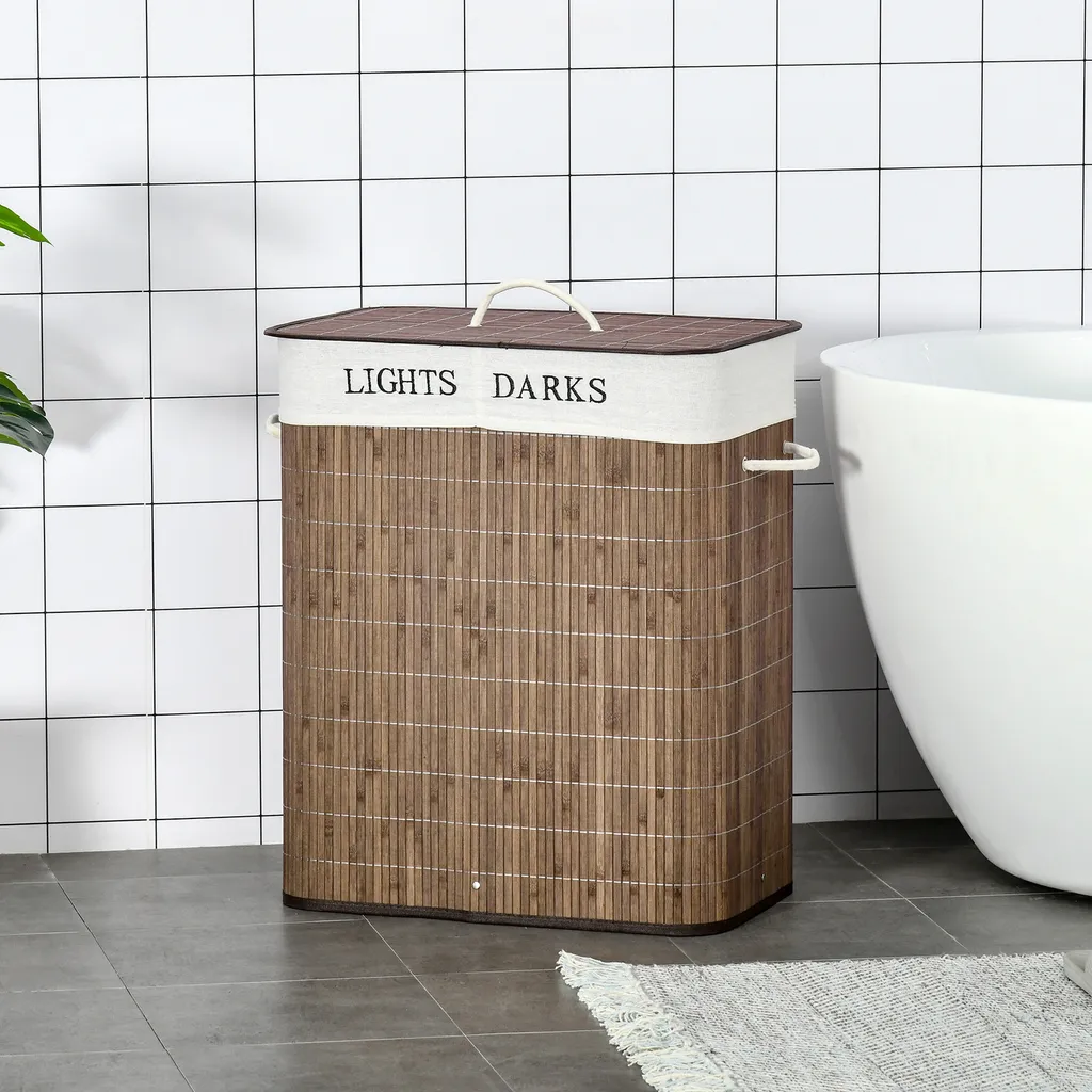 HOMCOM 100L Wäschekorb Wäschebox Wäschesammler Mit 3 Griffe Mit Waschbarem Wäschesack Abnehmbar Bambus Polyester Baumwolle Metall Braun+Weiß 52 X 32 X 63 Cm 2 HOMCOM 100L Wäschekorb Wäschebox Wäschesammler Mit 3 Griffe Mit Waschbarem Wäschesack Abnehmbar Bambus Polyester Baumwolle Metall Braun+Weiß 52 X 32 X 63 Cm – Bild 2