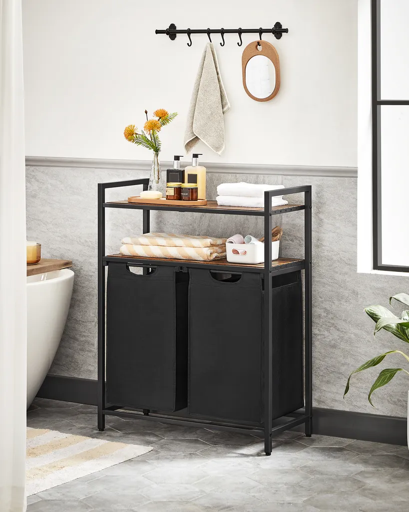 VASAGLE Wäschekorb, Wäschesammler, 2 Fächer, 2 Ablagen, Wäschesortierer, Wäschesack Ausziehbar Und Abnehmbar, Pro Tasche 46 Liter, Für Badezimmer, Waschküche, Vintagebraun-schwarz BLH211B01 2 VASAGLE Wäschekorb, Wäschesammler, 2 Fächer, 2 Ablagen, Wäschesortierer, Wäschesack Ausziehbar Und Abnehmbar, Pro Tasche 46 Liter, Für Badezimmer, Waschküche, Vintagebraun-schwarz BLH211B01 – Bild 2