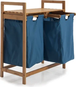 Lumaland Wäschekorb Aus Bambus, Mit 2 Ausziehbaren Wäschesäcken, Ca. 73 X 64 X 33 Cm Blau