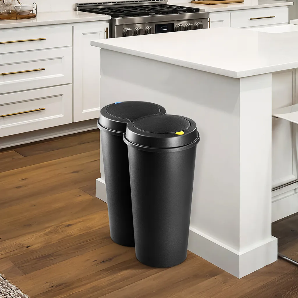 Deuba Mülleimer 50 L Duo 2fach Trennsystem 2x25L Druckknopf-Automatik Küche Abfalleimer Müllbehälter Mülltrennung Büro, Farbe:schwarz - Black - Noir 2 Deuba Mülleimer 50 L Duo 2fach Trennsystem 2x25L Druckknopf-Automatik Küche Abfalleimer Müllbehälter Mülltrennung Büro, Farbe:schwarz - Black - Noir – Bild 2