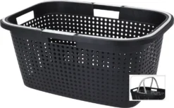 Wäschekorb Aus Kunststoff In Schwarz - 60 X 39 Cm - Tragekorb Mit Klappbaren Griffen - Einkaufskorb Aufbewahrungskorb Tragegriffe