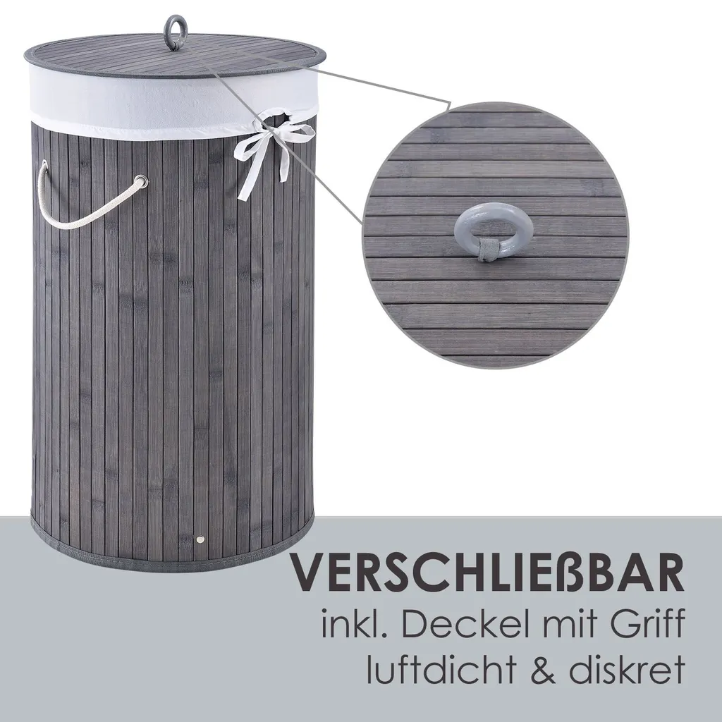 Juskys Bambus Wäschekorb Curly-Round – 55 Liter Volumen – Wäschesammler Mit Deckel, Tragegriffen & Stoff Wäschesack – 1 Fach Wäschebox – In Grau 5 Juskys Bambus Wäschekorb Curly-Round – 55 Liter Volumen – Wäschesammler Mit Deckel, Tragegriffen & Stoff Wäschesack – 1 Fach Wäschebox – In Grau – Bild 5