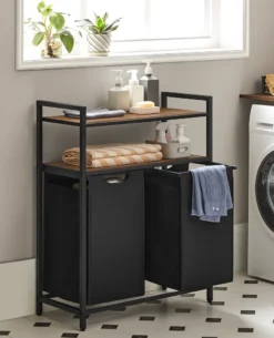 VASAGLE Wäschekorb, Wäschesammler, 2 Fächer, 2 Ablagen, Wäschesortierer, Wäschesack Ausziehbar Und Abnehmbar, Pro Tasche 46 Liter, Für Badezimmer, Waschküche, Vintagebraun-schwarz BLH211B01