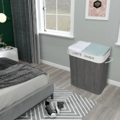 Wäschekorb Aus Bambus, 100 L Wäschesortierer Mit 2 Fächern, Faltbarer Wäschesammler Mit Herausnehmbarem Wäschesack, Rechteckige Wäschebox,Grau -Leifheit || Vileda || Wenko Verkaufsgeschäft 58f1c1baef50b576db8e9110b512f5ff