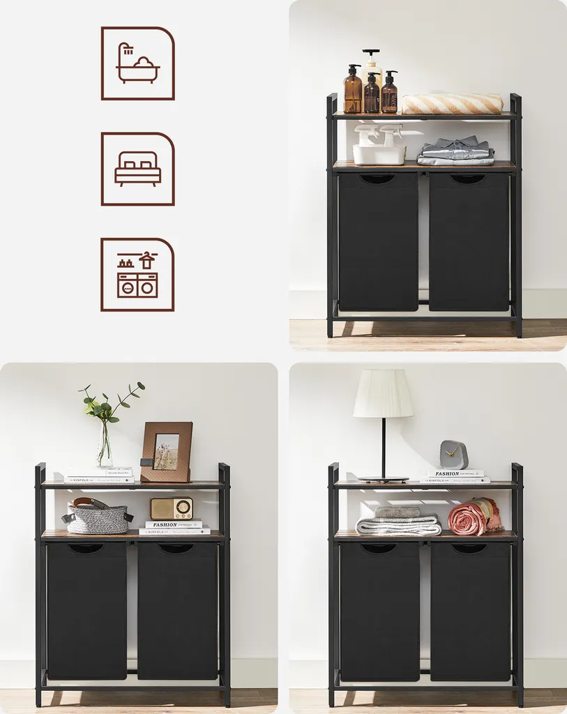 VASAGLE Wäschekorb, Wäschesammler, 2 Fächer, 2 Ablagen, Wäschesortierer, Wäschesack Ausziehbar Und Abnehmbar, Pro Tasche 46 Liter, Für Badezimmer, Waschküche, Vintagebraun-schwarz BLH211B01 7 VASAGLE Wäschekorb, Wäschesammler, 2 Fächer, 2 Ablagen, Wäschesortierer, Wäschesack Ausziehbar Und Abnehmbar, Pro Tasche 46 Liter, Für Badezimmer, Waschküche, Vintagebraun-schwarz BLH211B01 – Bild 7