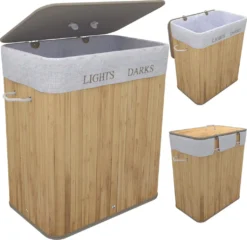 TOSANEO Bambus Wäschebox 100-Liter Faltbarer Wäschekorb Mit 2 Fächern Wäschesammler Mit Deckel Wäschetruhe Mit Großem Fassungsvermögen Natur