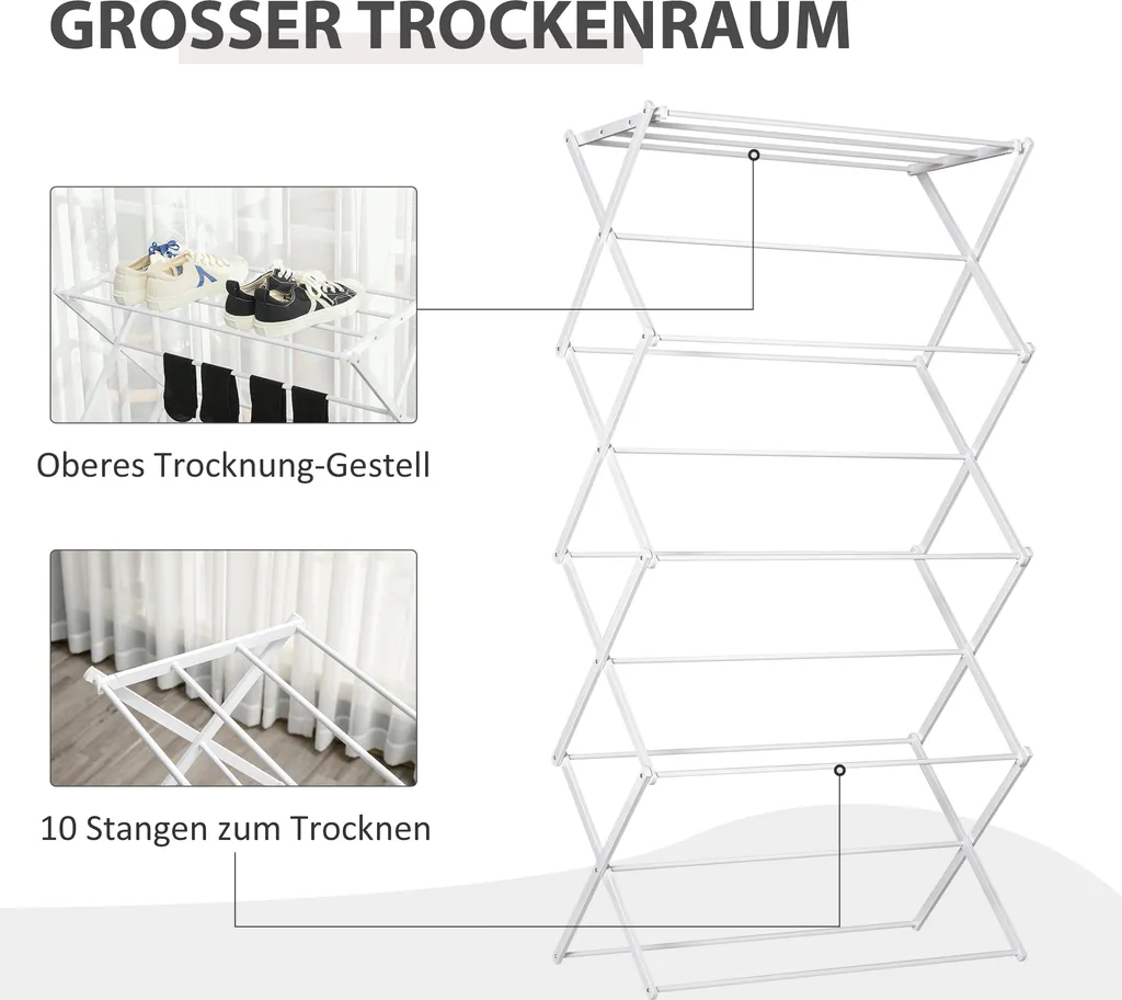 HOMCOM Wäscheständer Faltbar 8-stufiger Trockengestell Trockenständer Metall Kunststoff Weiß 74 X 35 X 144 Cm 3 HOMCOM Wäscheständer Faltbar 8-stufiger Trockengestell Trockenständer Metall Kunststoff Weiß 74 X 35 X 144 Cm – Bild 3