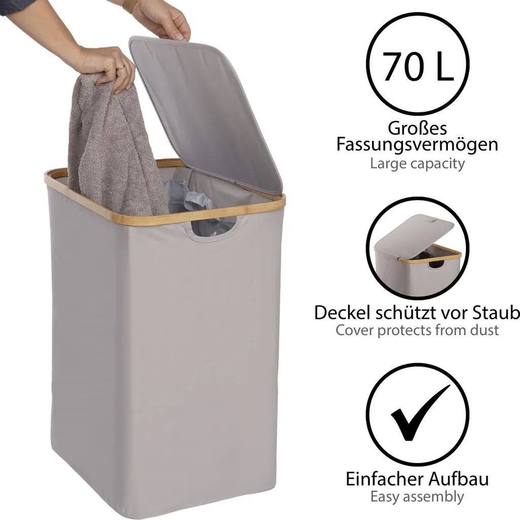 ONVAYA® Wäschekorb Mit Deckel | 70 Liter | Grau | Wäschesammler Fürs Badezimmer | Wäschetruhe Aus Bambus-Holz & Oxford-Stoff | Design Wäschebox | Wäschesortierer 4 ONVAYA® Wäschekorb Mit Deckel | 70 Liter | Grau | Wäschesammler Fürs Badezimmer | Wäschetruhe Aus Bambus-Holz & Oxford-Stoff | Design Wäschebox | Wäschesortierer – Bild 4