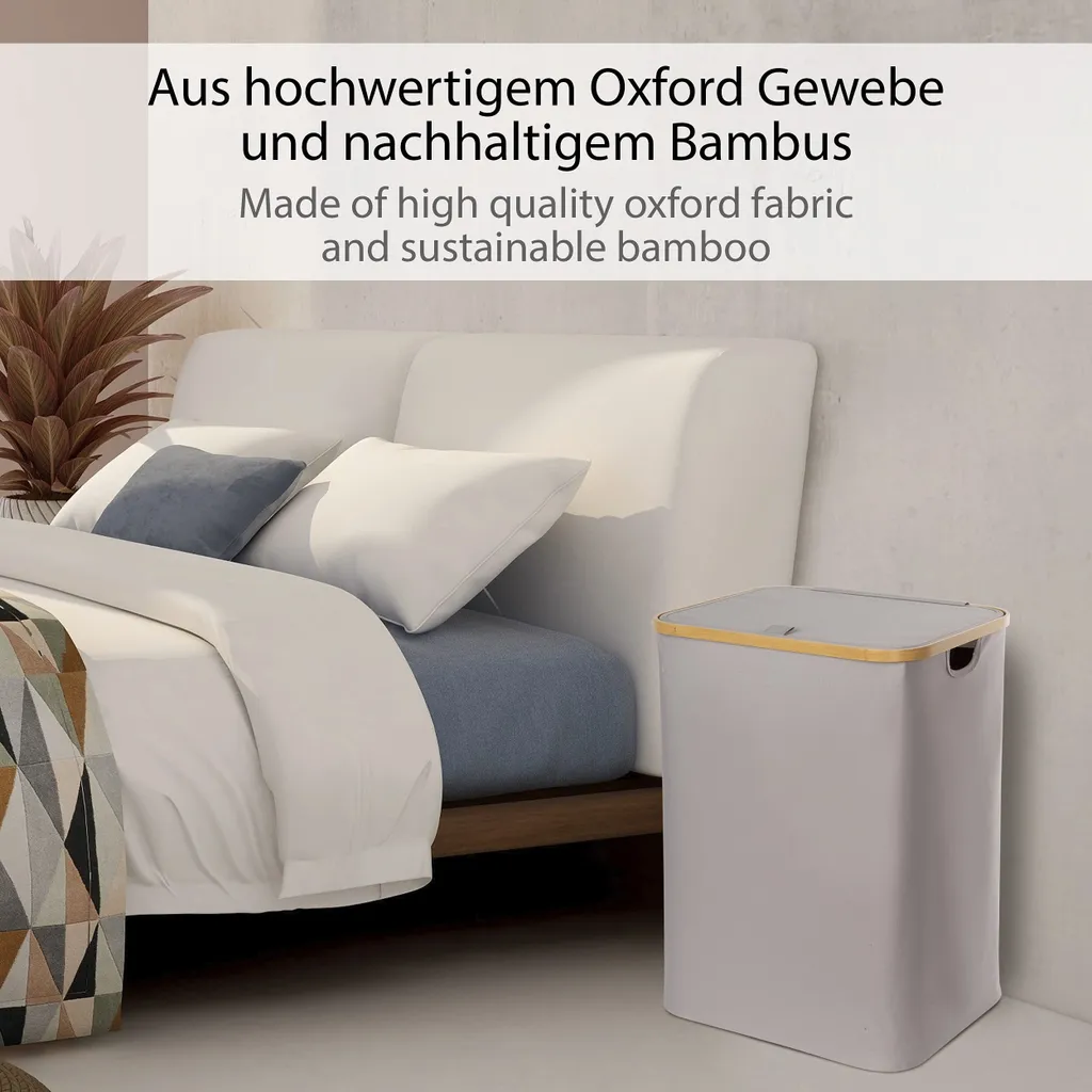 ONVAYA® Wäschekorb Mit Deckel | 70 Liter | Grau | Wäschesammler Fürs Badezimmer | Wäschetruhe Aus Bambus-Holz & Oxford-Stoff | Design Wäschebox | Wäschesortierer 6 ONVAYA® Wäschekorb Mit Deckel | 70 Liter | Grau | Wäschesammler Fürs Badezimmer | Wäschetruhe Aus Bambus-Holz & Oxford-Stoff | Design Wäschebox | Wäschesortierer – Bild 6