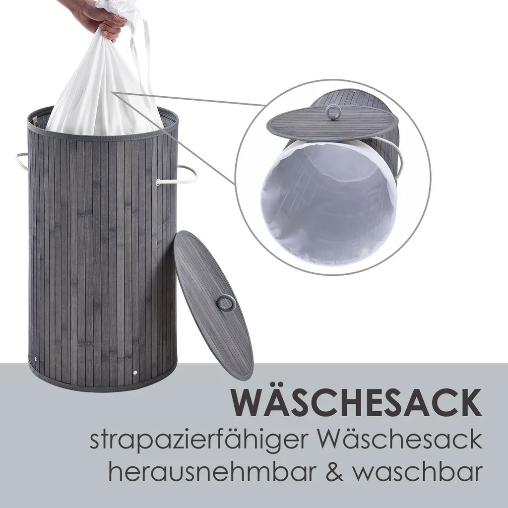 Juskys Bambus Wäschekorb Curly-Round – 55 Liter Volumen – Wäschesammler Mit Deckel, Tragegriffen & Stoff Wäschesack – 1 Fach Wäschebox – In Grau 6 Juskys Bambus Wäschekorb Curly-Round – 55 Liter Volumen – Wäschesammler Mit Deckel, Tragegriffen & Stoff Wäschesack – 1 Fach Wäschebox – In Grau – Bild 6