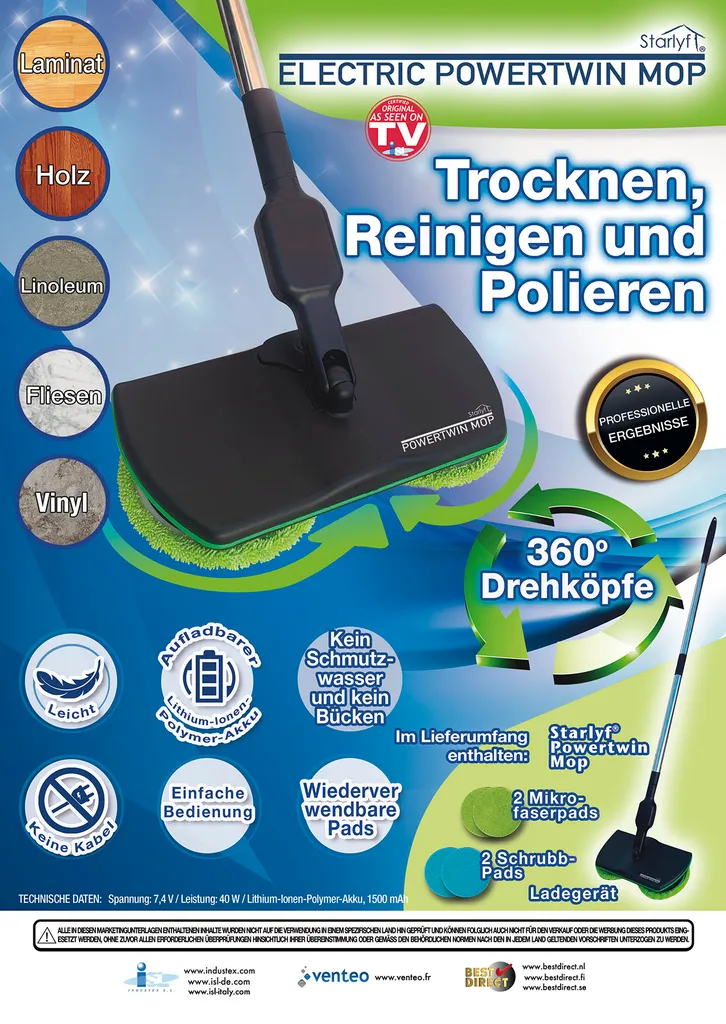 Starlyf® Powertwin Mop - Drahtloser Rotierender Etelektrischer Mop, Elektrischer Akku-Besen - Wischt, Schrubbt & Poliert – Aus Der TV Werbung 11 Starlyf® Powertwin Mop - Drahtloser Rotierender Etelektrischer Mop, Elektrischer Akku-Besen - Wischt, Schrubbt & Poliert – Aus Der TV Werbung – Bild 11