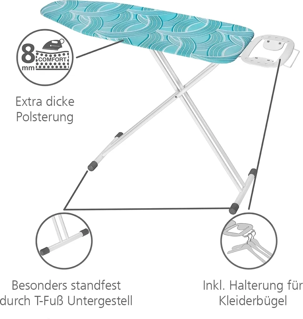 WENKO Bügelbrett Advance, Dampfbügelgeeignet, Höhenverstellbar 73-95 Cm, 120 X 42 Cm Bügelfläche, Bügeltisch Mit 8 Mm Polsterung | Inkl. 2er Set Reinigungsschwämme Gratis 4 WENKO Bügelbrett Advance, Dampfbügelgeeignet, Höhenverstellbar 73-95 Cm, 120 X 42 Cm Bügelfläche, Bügeltisch Mit 8 Mm Polsterung | Inkl. 2er Set Reinigungsschwämme Gratis – Bild 4