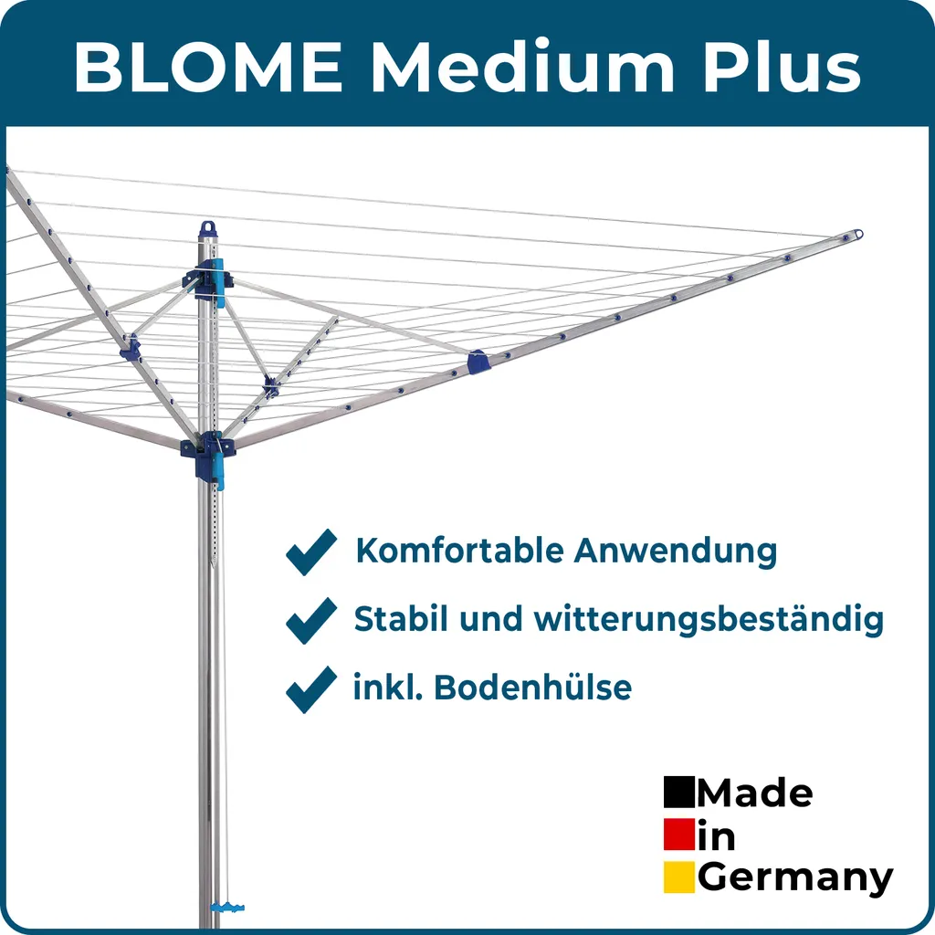 BLOME Wäschespinne Standard Medium Plus - Inkl. Bodenhülse Mit Deckel, Wäscheschirm Mit 60m Wäscheleine, Hochwertig & Stabil, Germany 2 BLOME Wäschespinne Standard Medium Plus - Inkl. Bodenhülse Mit Deckel, Wäscheschirm Mit 60m Wäscheleine, Hochwertig & Stabil, Germany – Bild 2