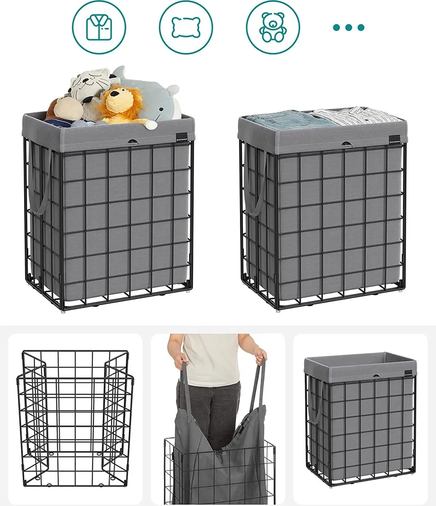 SONGMICS Wäschekorb 90L, Faltbarer Wäschesammler, Abnehmbarer Und Waschbarer Wäschesack, Metalldrahtgestell, Für Schlafzimmer, Bad, Waschküche, Schwarz-grau LCB190G01 7 SONGMICS Wäschekorb 90L, Faltbarer Wäschesammler, Abnehmbarer Und Waschbarer Wäschesack, Metalldrahtgestell, Für Schlafzimmer, Bad, Waschküche, Schwarz-grau LCB190G01 – Bild 7