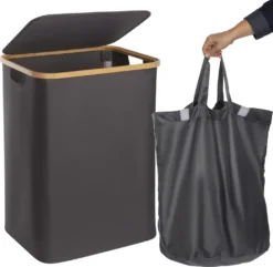 ONVAYA® Wäschekorb Mit Deckel | 70 Liter | Dunkelgrau | Wäschesammler Fürs Badezimmer | Wäschetruhe Aus Bambus-Holz & Oxford-Stoff | Design Wäschebox | Wäschesortierer