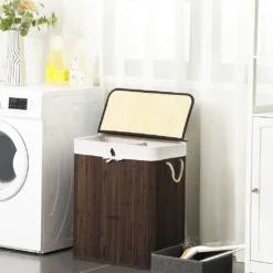 SONGMICS Wäschekorb Aus Bambus, Wäschesammler Mit 2 Fächern, Wäschesortierer Mit Deckel Und Herausnehmbarem Wäschesack, Tragegriffe Aus Baumwolle, 100 L Wäschebox, Braun LCB72Z