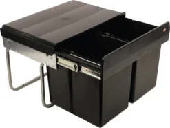 Wesco Niedriger Mülleimer Küche Ausziehbar | 2 X 15 L Einbaumülleimer Mit Schienengestell | Abfallsystem | Abfallsammler | Trennsystem | Bodenmontage | Kunststoff Schwarz | 28015 0