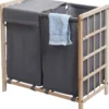 Wäschesammler HWC-B60, Laundry Wäschebox Wäschekorb, Massiv-Holz 2 Fächer 60x60x33cm 68l Hellbraun, Bezug Grau