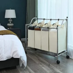 SONGMICS Wäschekorb Mit 4 Fächern Beige 140 L Faltbar Eisengetsell 4 ×35 L Wäschesortierer Wäschebox Wäschewagen Wäschesammler Aus Polyester LSF005S -Leifheit || Vileda || Wenko Verkaufsgeschäft 98355362780a2926101e83658f6a766a