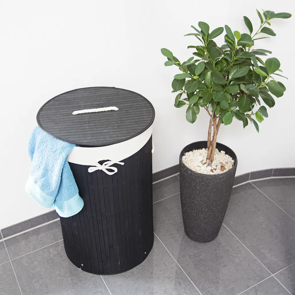 Relaxdays 1 X Wäschekorb Bambus Rund Schwarz 2 Relaxdays 1 X Wäschekorb Bambus Rund Schwarz – Bild 2