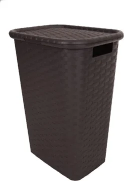 Kunststoff Wäschebox In Flechtoptik 65 Liter - Dunkelbraun - Stand Wäschekorb Mit Deckel Und Tragegriffen
