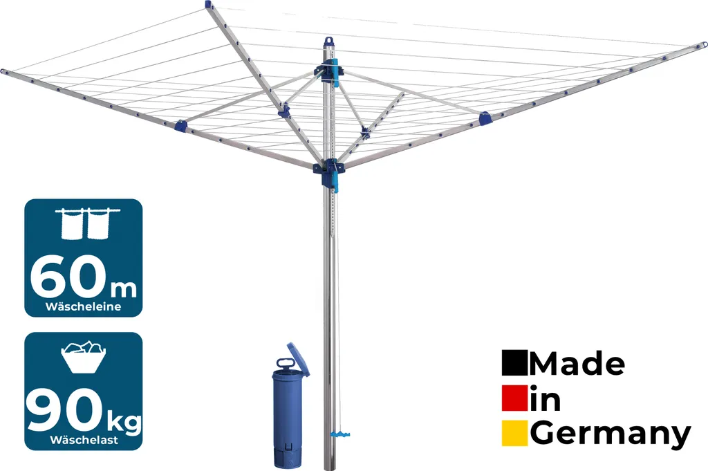 BLOME Wäschespinne Standard Medium Plus - Inkl. Bodenhülse Mit Deckel, Wäscheschirm Mit 60m Wäscheleine, Hochwertig & Stabil, Germany 1 BLOME Wäschespinne Standard Medium Plus - Inkl. Bodenhülse Mit Deckel, Wäscheschirm Mit 60m Wäscheleine, Hochwertig & Stabil, Germany