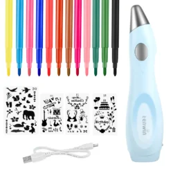 Speed Spray Kunst Elektrische Airbrush Für Kinder Mit 12 Filzstiften & 4 Schablonen,Wasserstifte Waschbar Ungiftig, Airbrush Fun Farben Sprühen Für Kinder (Blau)